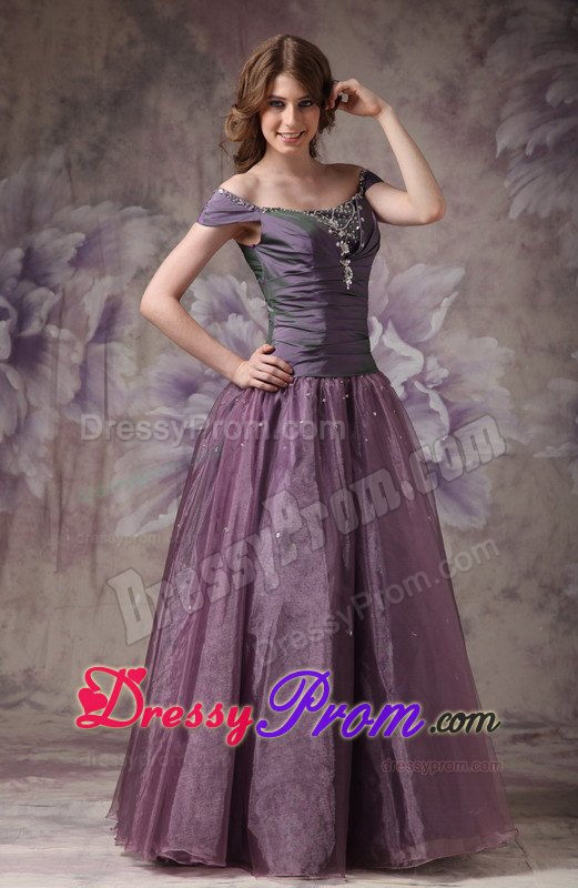 Dark Purple Off Shoulder Beading Prom Dress Taffeta and Organza