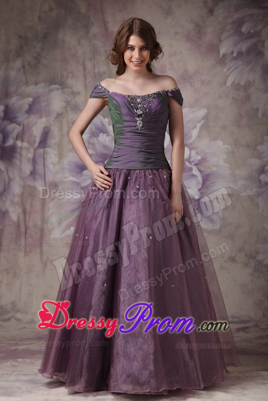 Dark Purple Off Shoulder Beading Prom Dress Taffeta and Organza