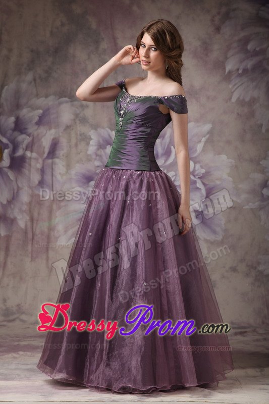 Dark Purple Off Shoulder Beading Prom Dress Taffeta and Organza