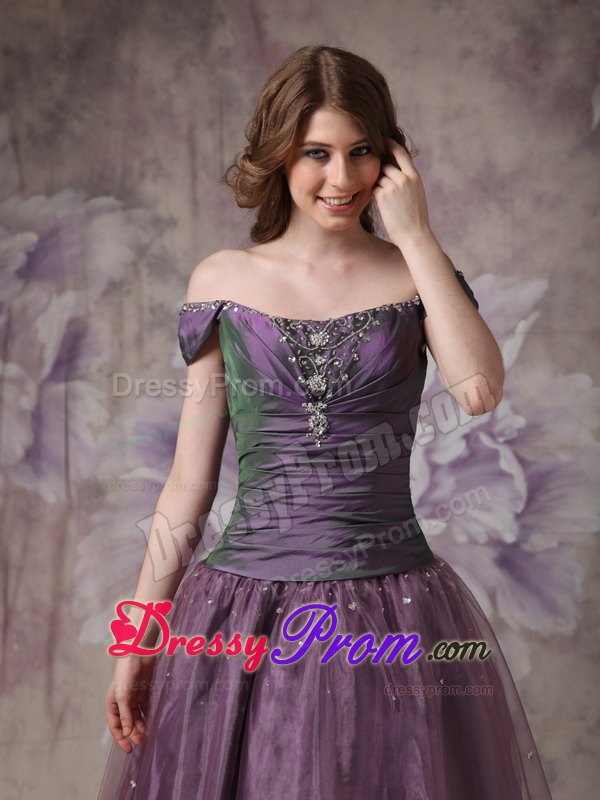 Dark Purple Off Shoulder Beading Prom Dress Taffeta and Organza