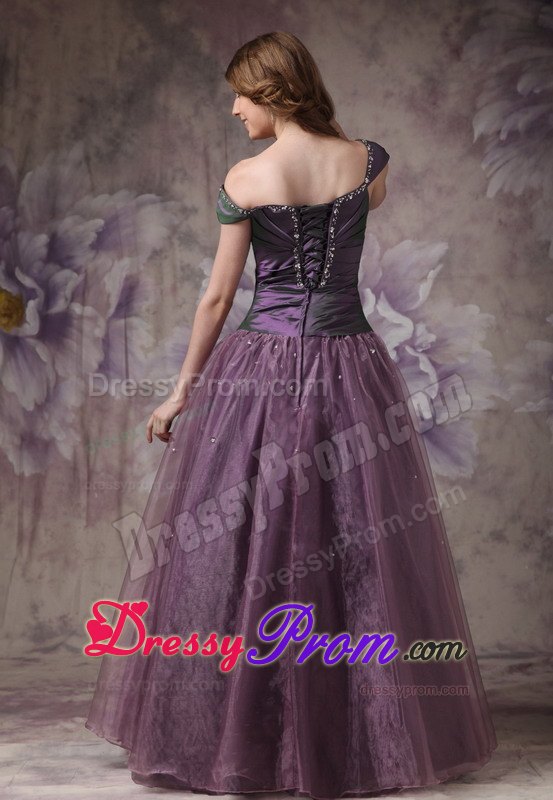 Dark Purple Off Shoulder Beading Prom Dress Taffeta and Organza