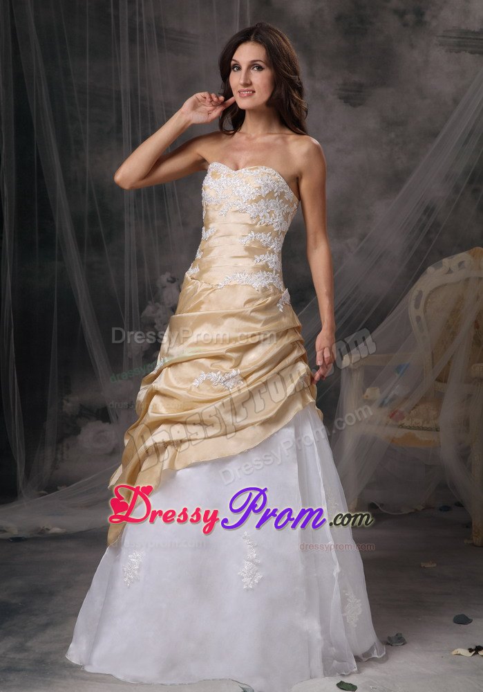 Champagne and White Appliques Decorated Prom Dress with Ruffles