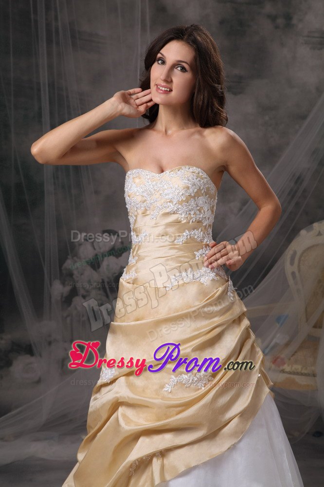 Champagne and White Appliques Decorated Prom Dress with Ruffles