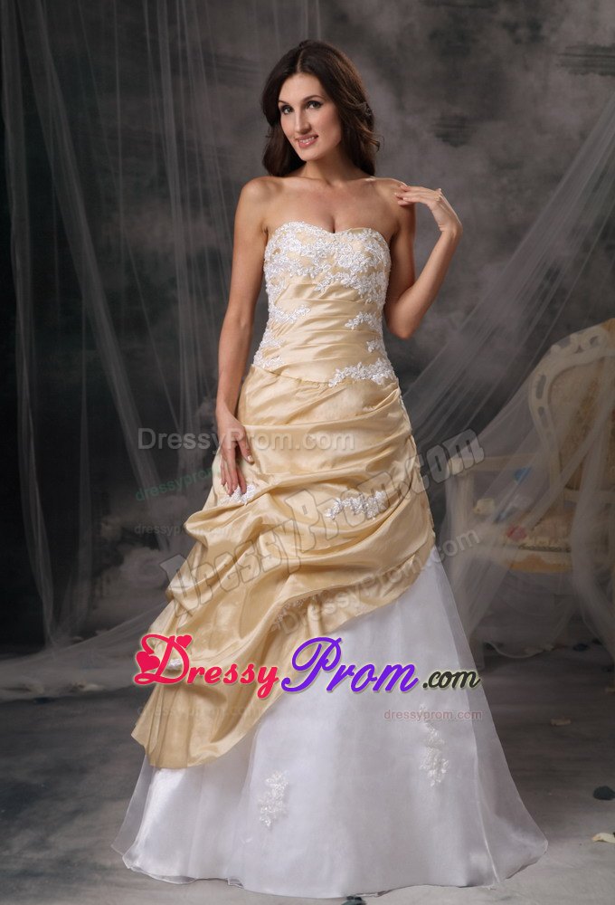 Champagne and White Appliques Decorated Prom Dress with Ruffles