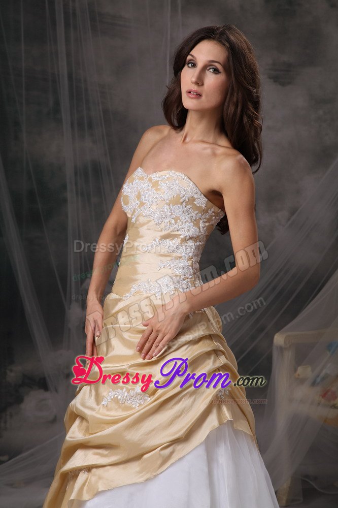 Champagne and White Appliques Decorated Prom Dress with Ruffles