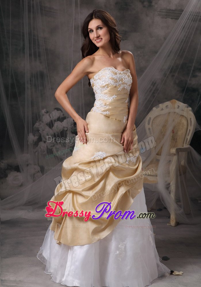 Champagne and White Appliques Decorated Prom Dress with Ruffles