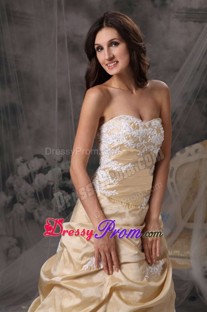 Champagne and White Appliques Decorated Prom Dress with Ruffles
