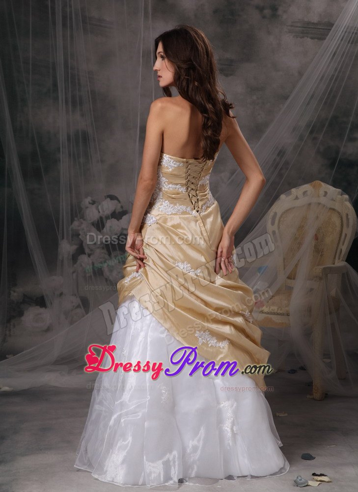 Champagne and White Appliques Decorated Prom Dress with Ruffles