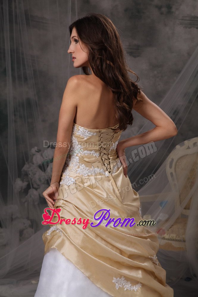 Champagne and White Appliques Decorated Prom Dress with Ruffles