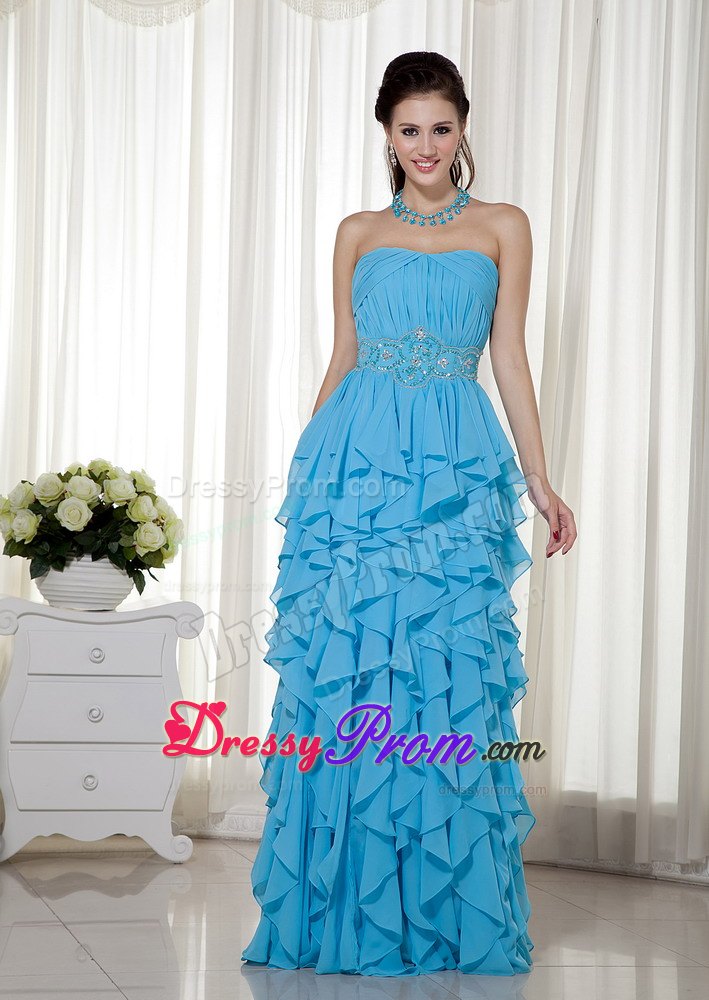Ruched Aqua Blue Prom Nightclub Dress with Beading and Ruffles