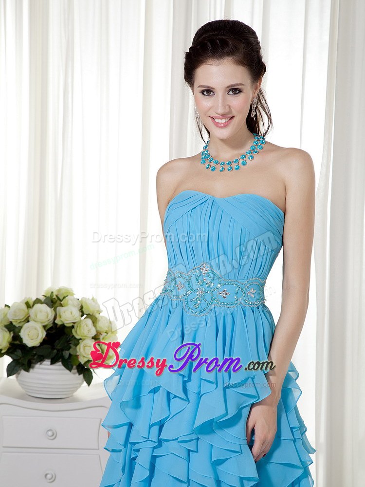 Ruched Aqua Blue Prom Nightclub Dress with Beading and Ruffles