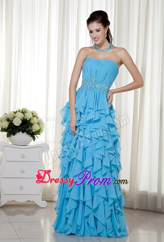 Ruched Aqua Blue Prom Nightclub Dress with Beading and Ruffles