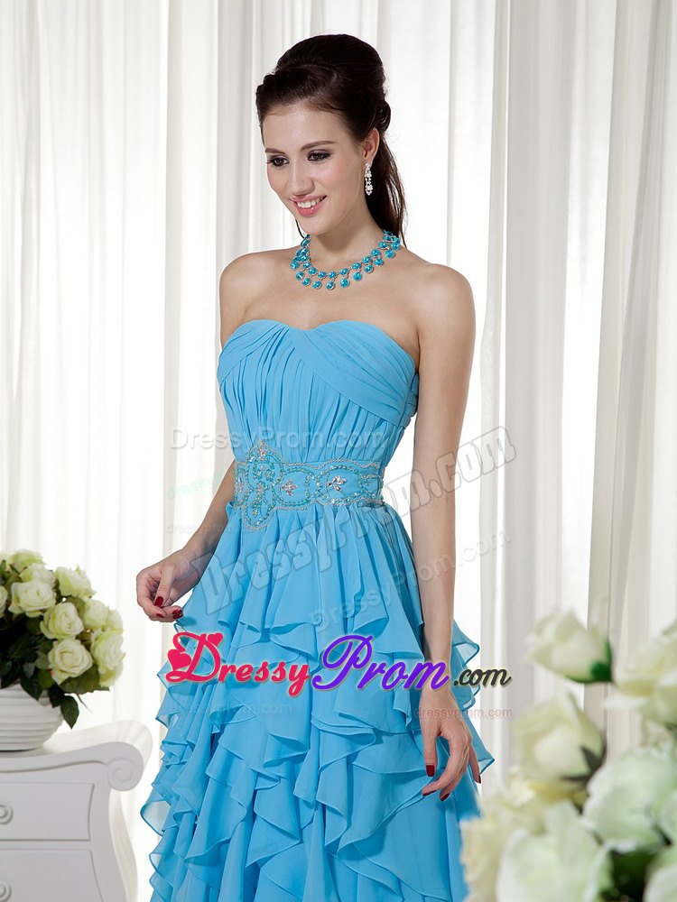 Ruched Aqua Blue Prom Nightclub Dress with Beading and Ruffles