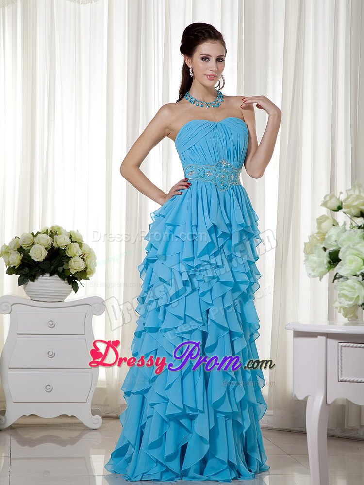Ruched Aqua Blue Prom Nightclub Dress with Beading and Ruffles