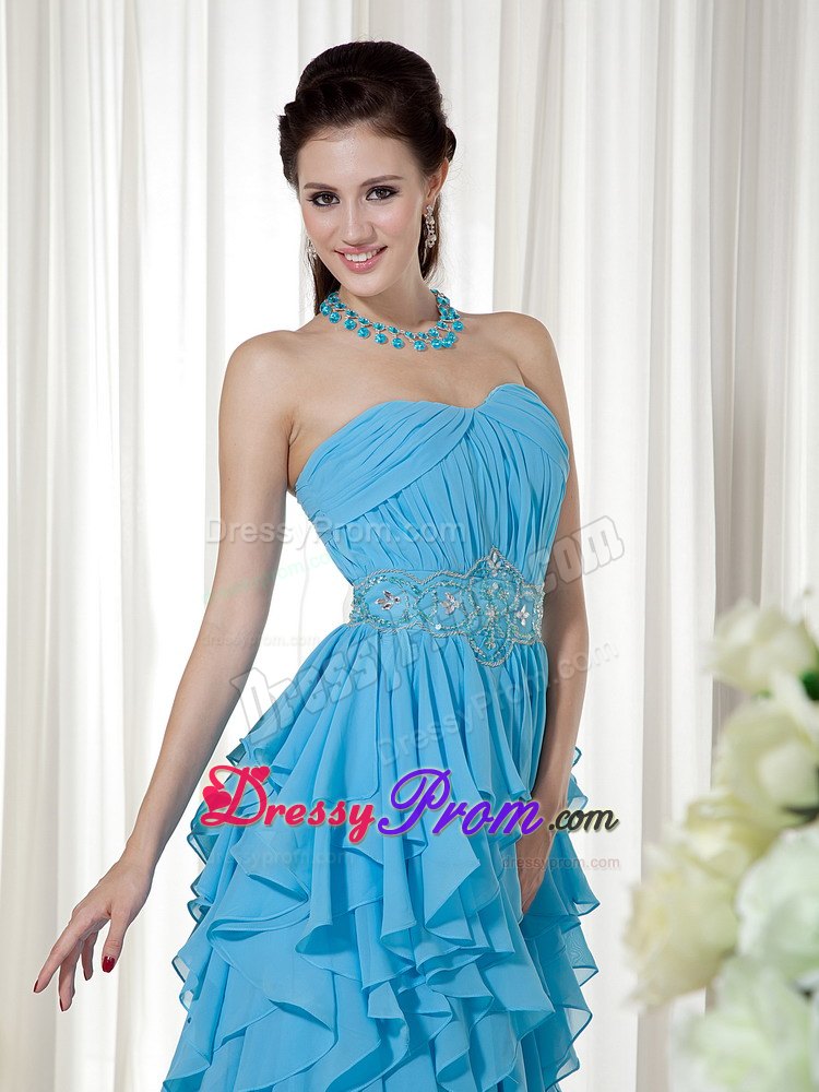 Ruched Aqua Blue Prom Nightclub Dress with Beading and Ruffles