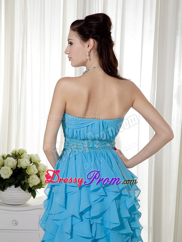 Ruched Aqua Blue Prom Nightclub Dress with Beading and Ruffles