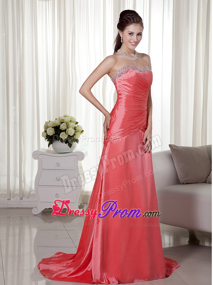 Watermelon Brush Prom Nightclub Dresses with Beading and Ruches