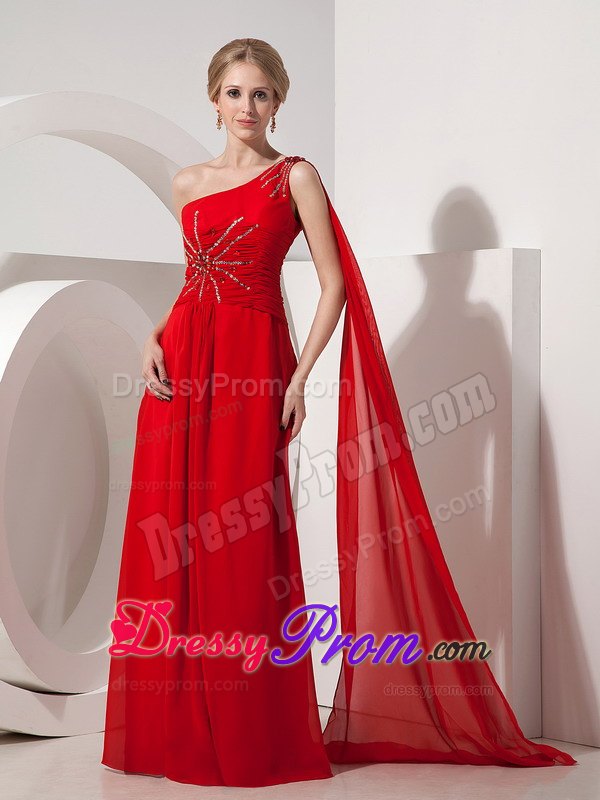 Beaded Red One Shoulder Prom Nightclub Dress with Watteau Train