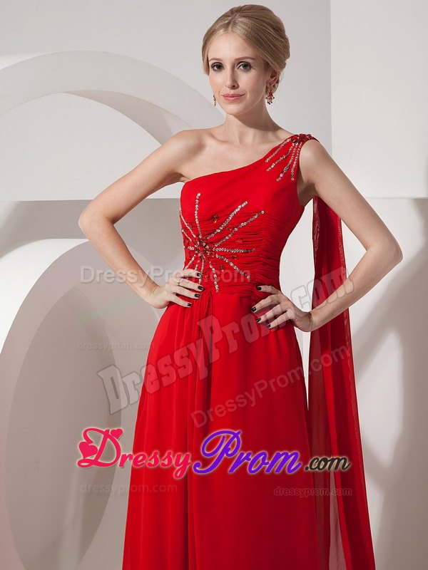 Beaded Red One Shoulder Prom Nightclub Dress with Watteau Train