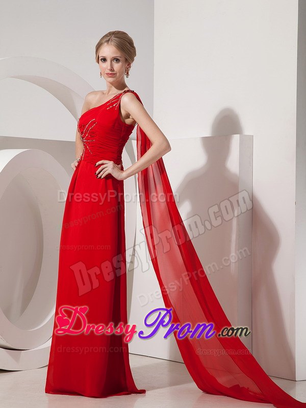 Beaded Red One Shoulder Prom Nightclub Dress with Watteau Train