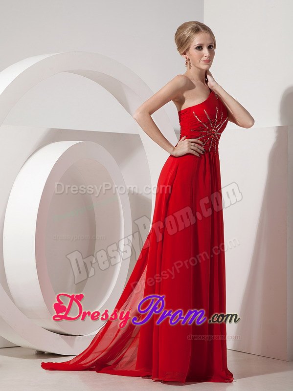 Beaded Red One Shoulder Prom Nightclub Dress with Watteau Train