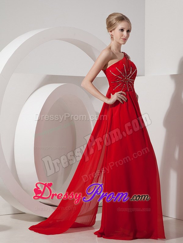 Beaded Red One Shoulder Prom Nightclub Dress with Watteau Train