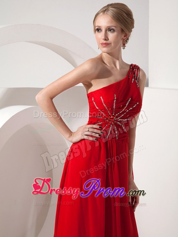 Beaded Red One Shoulder Prom Nightclub Dress with Watteau Train