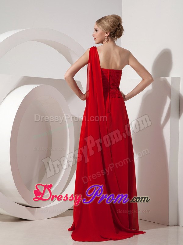 Beaded Red One Shoulder Prom Nightclub Dress with Watteau Train