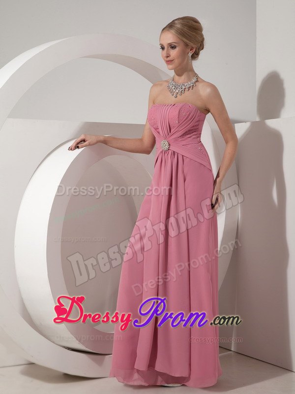 Ruched and Beaded Floor Length Prom Nightclub Dress in Rose Pink