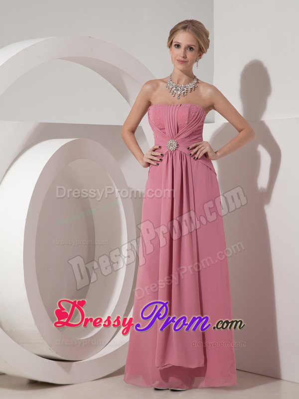 Ruched and Beaded Floor Length Prom Nightclub Dress in Rose Pink
