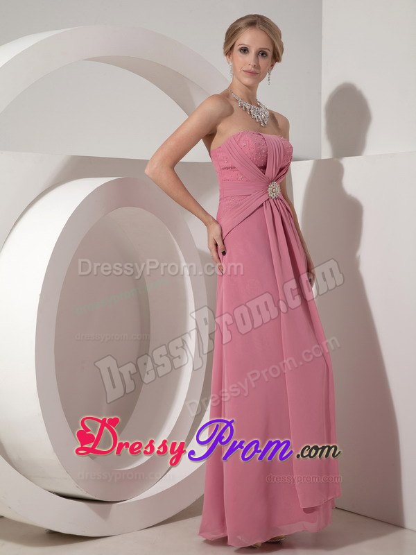 Ruched and Beaded Floor Length Prom Nightclub Dress in Rose Pink