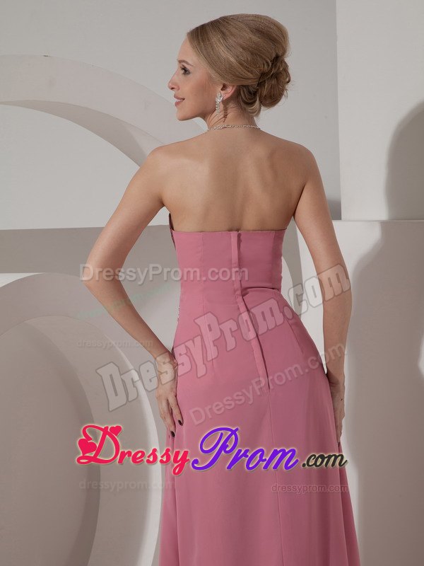 Ruched and Beaded Floor Length Prom Nightclub Dress in Rose Pink