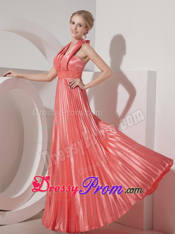 Watermelon Halter Floor Length Prom Nightclub Dress with Pleats
