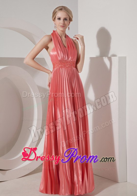 Watermelon Halter Floor Length Prom Nightclub Dress with Pleats