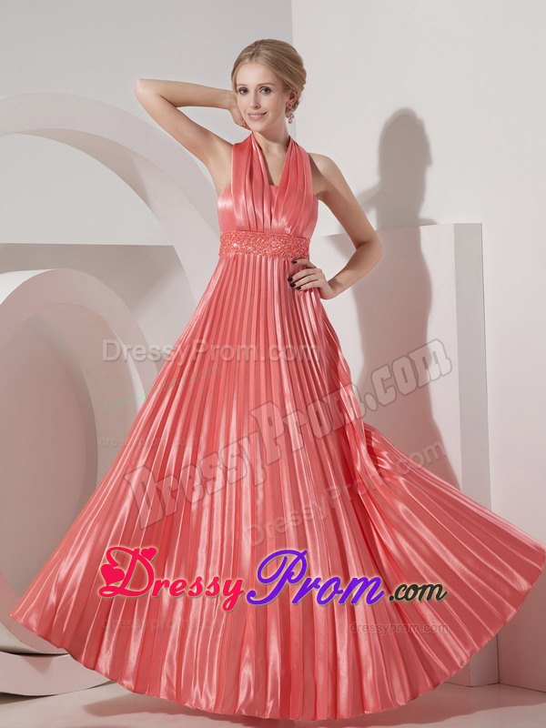 Watermelon Halter Floor Length Prom Nightclub Dress with Pleats