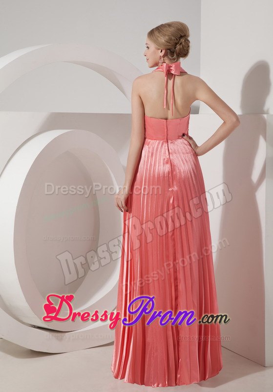 Watermelon Halter Floor Length Prom Nightclub Dress with Pleats