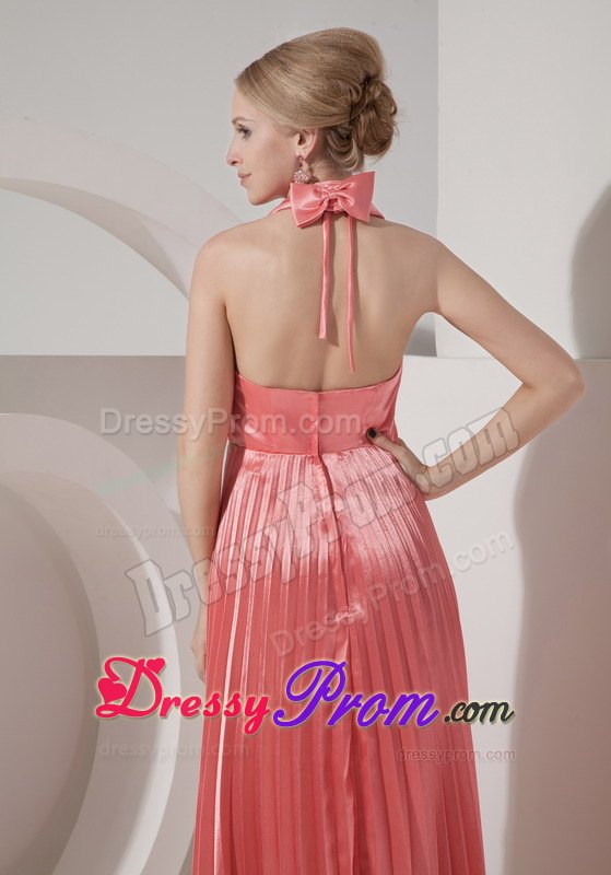 Watermelon Halter Floor Length Prom Nightclub Dress with Pleats