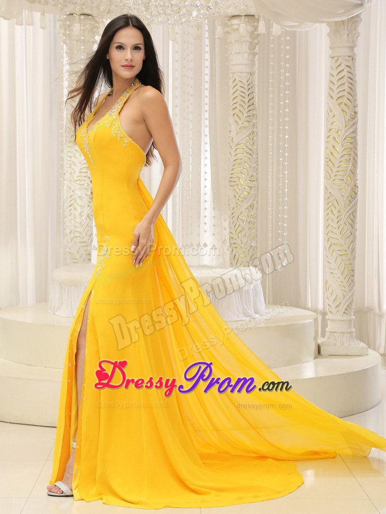 High Slit Halter Beading Prom Nightclub Dress in Bright Yellow