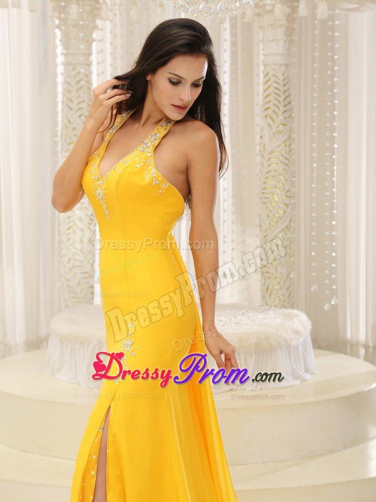 High Slit Halter Beading Prom Nightclub Dress in Bright Yellow
