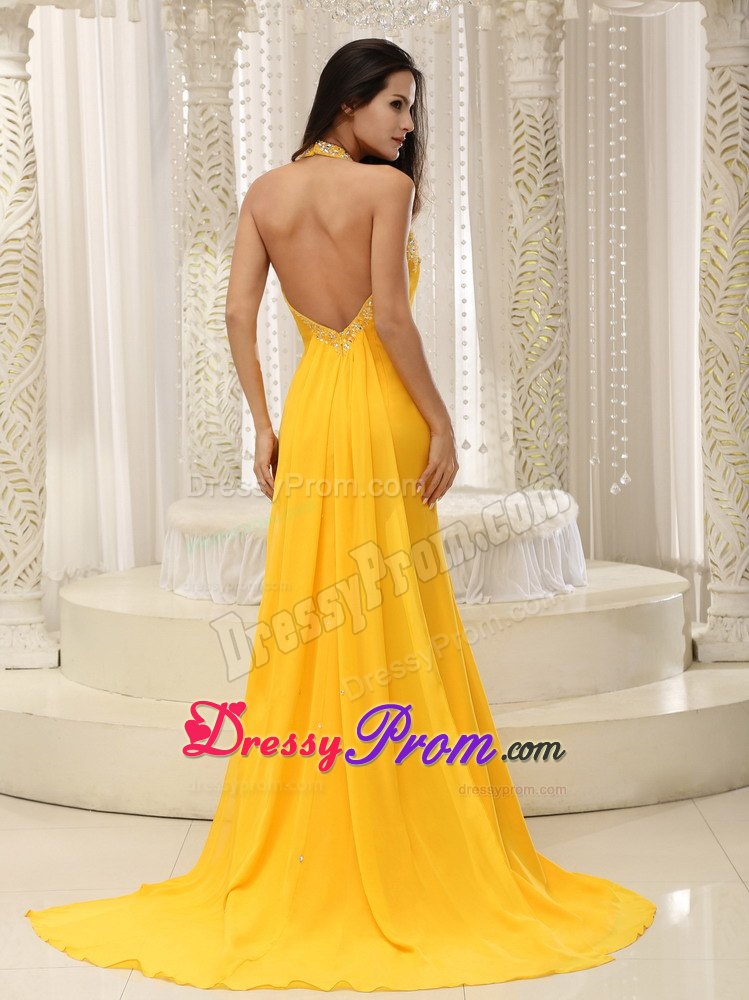 High Slit Halter Beading Prom Nightclub Dress in Bright Yellow