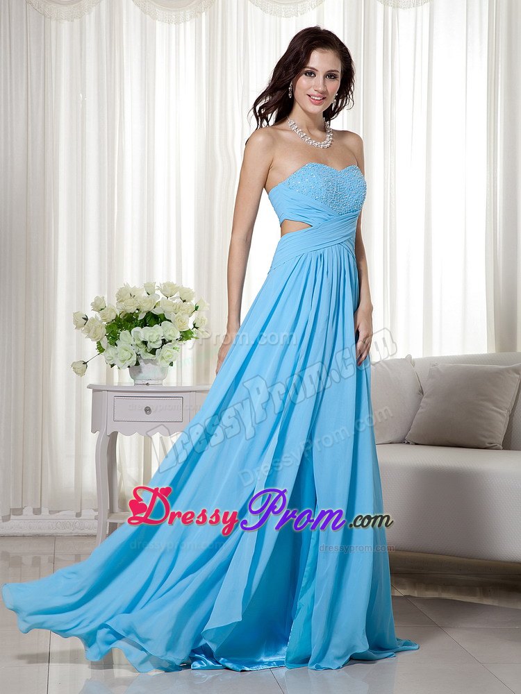 Beaded and Ruched Aqua Blue Prom Nightclub Dress with Cutouts