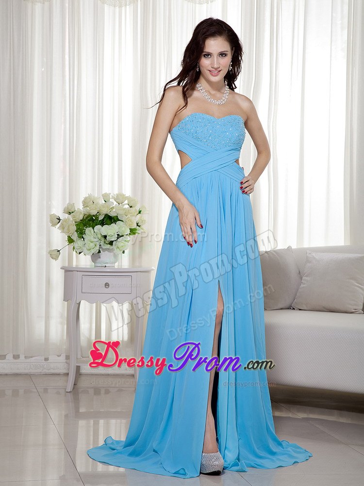Beaded and Ruched Aqua Blue Prom Nightclub Dress with Cutouts