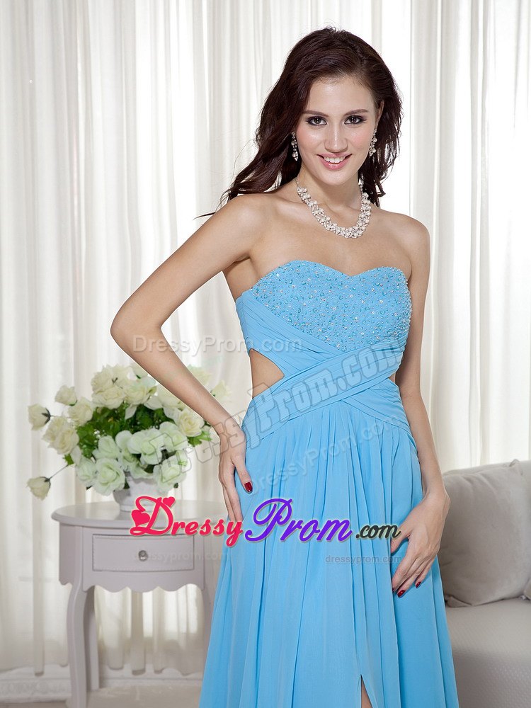 Beaded and Ruched Aqua Blue Prom Nightclub Dress with Cutouts