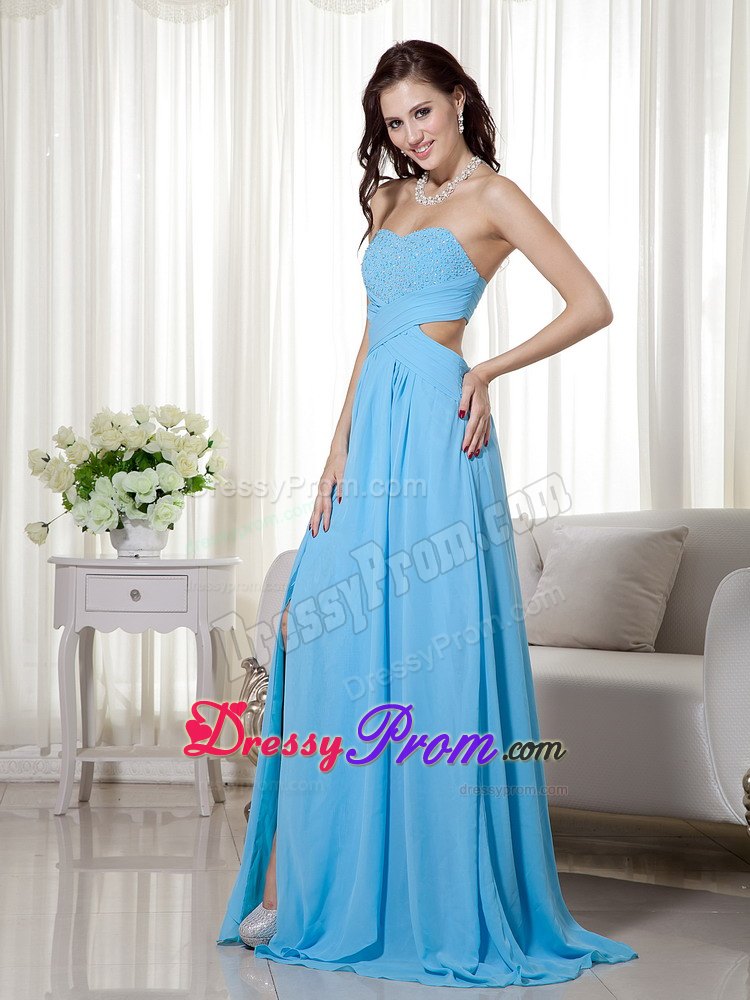 Beaded and Ruched Aqua Blue Prom Nightclub Dress with Cutouts