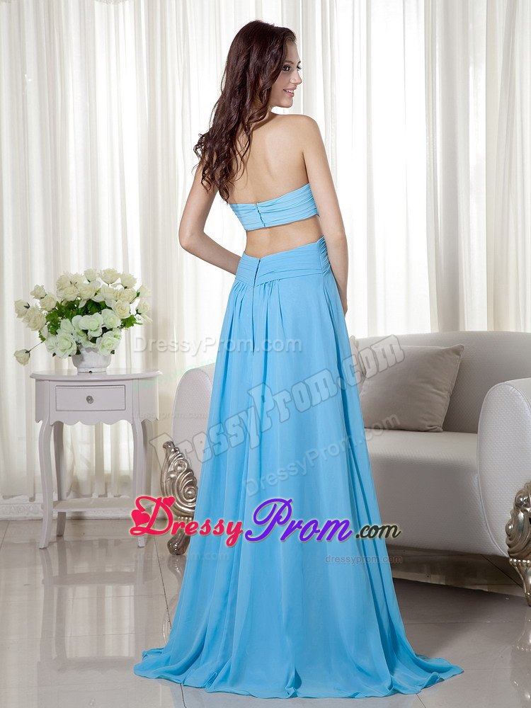 Beaded and Ruched Aqua Blue Prom Nightclub Dress with Cutouts