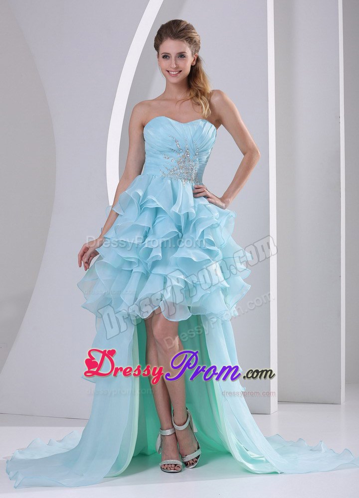 Light Blue High-low Ruffles Prom Homecoming Dress with Beading