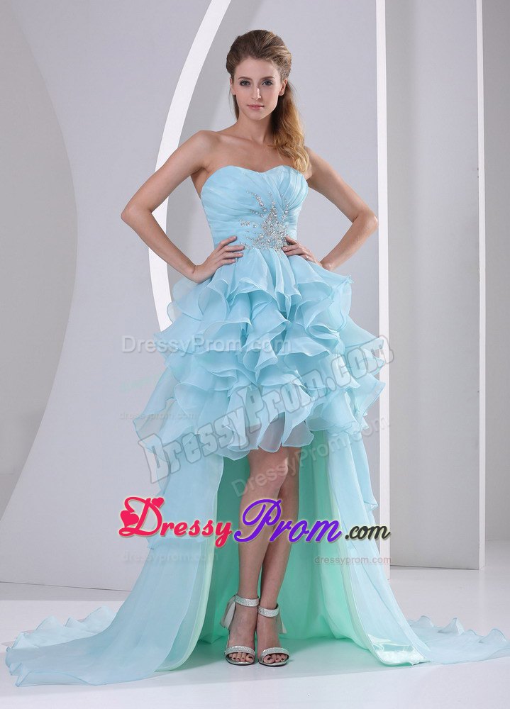 Light Blue High-low Ruffles Prom Homecoming Dress with Beading