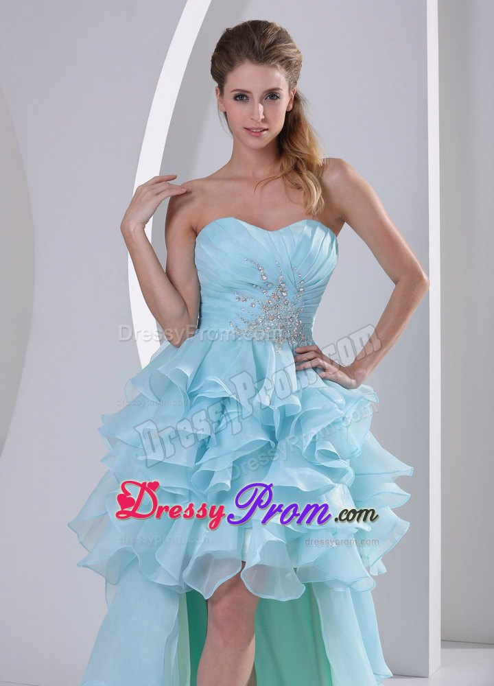 Light Blue High-low Ruffles Prom Homecoming Dress with Beading
