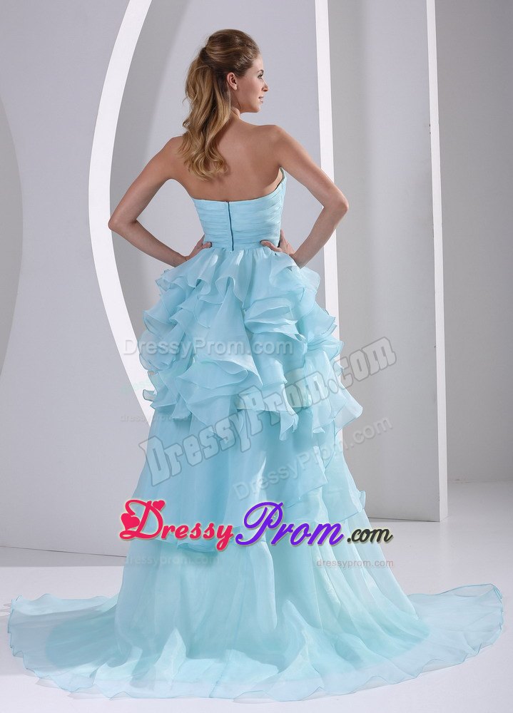 Light Blue High-low Ruffles Prom Homecoming Dress with Beading