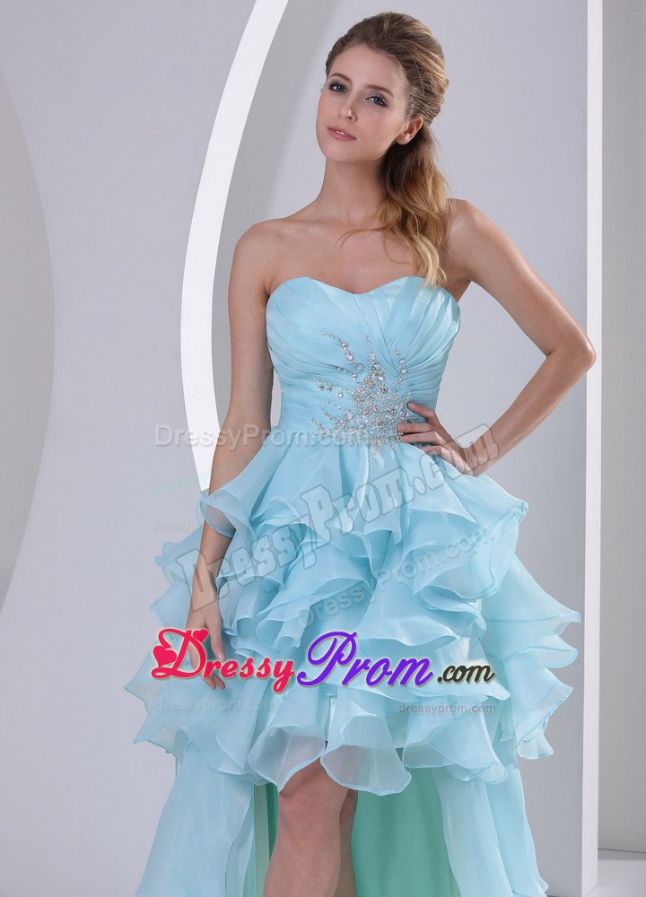 Light Blue High-low Ruffles Prom Homecoming Dress with Beading